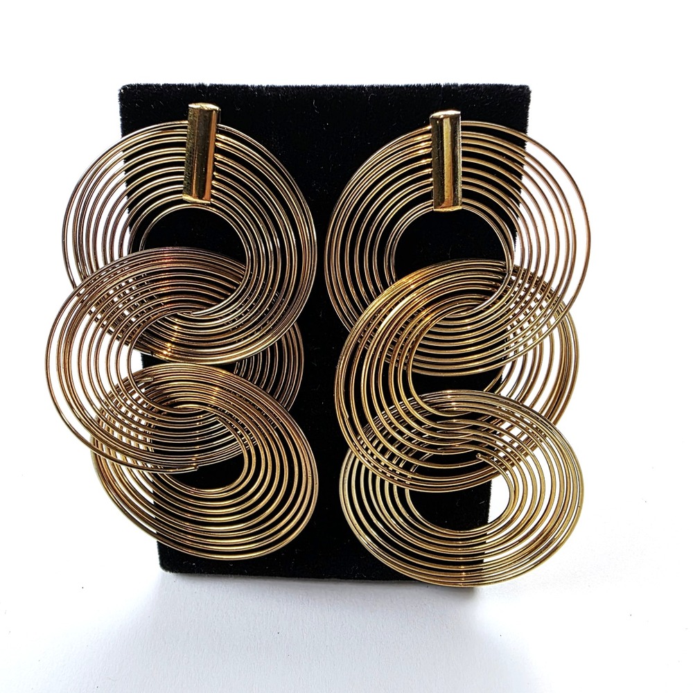 Gold Tone Layered Wire Circles Dangle Drop Big Statement Stud Earrings 3"
